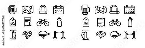 A collection of minimalist black line icons related to bicycle
