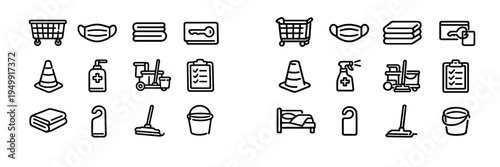 A collection of minimalist black and white line icons related to