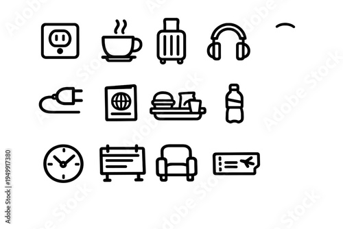 A collection of twelve hand-drawn travel and airport icons in a