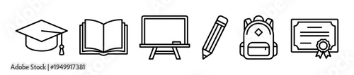 Set of black line education icons featuring a graduation cap, open book, chalkboard, pencil, backpack, and diploma, representing school and university learning in a minimalist style