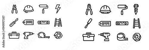 A collection of minimalist black and white line icons representing