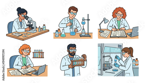 Set of six cartoon illustrations showing diverse scientists working in a laboratory, conducting experiments with microscopes, beakers, and test tubes for scientific research