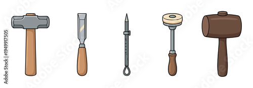 Set of five illustrated craft tools including a lump hammer, wood chisel, center punch, and two different mallets for woodworking or metalworking in a simple cartoon style