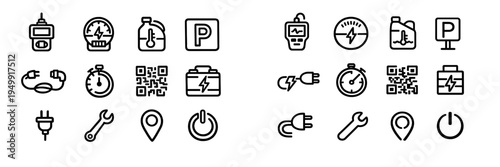 A collection of black and white line icons for electric vehicle