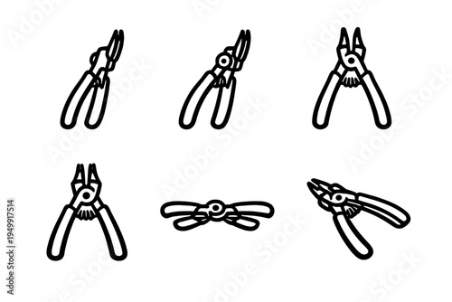 A set of six minimalist black and white line art icons depicting