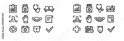 A collection of medical and healthcare line icons featuring items