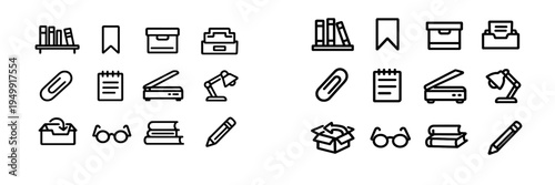 A collection of minimalist black line icons representing office