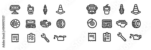 A comprehensive set of black and white line icons representing car