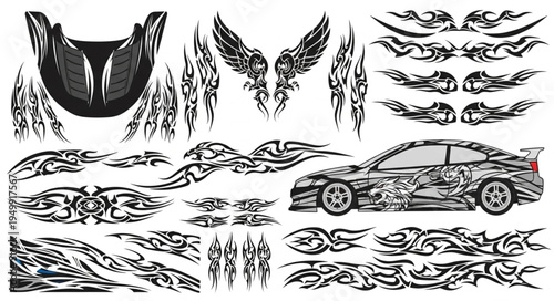 Car Decal Designs - Tribal and Winged Graphics for Vehicle Customization.