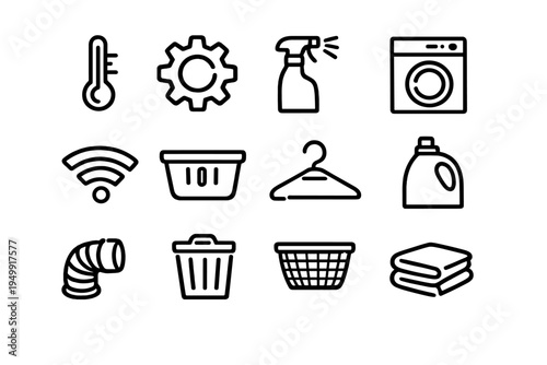A collection of twelve minimalist line icons representing laundry and