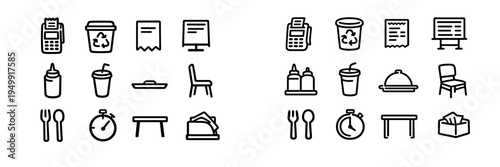 A collection of minimalist black line icons representing restaurant
