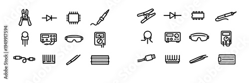 A collection of minimalist black line icons representing electronic