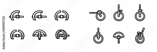 A collection of black and white line icons featuring various