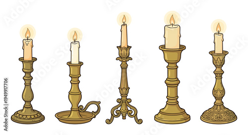 Set of five vintage brass candlesticks with burning candles features various ornate and decorative designs in a classic, old-fashioned cartoon illustration style