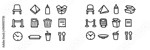 A collection of minimalist black line icons representing restaurant