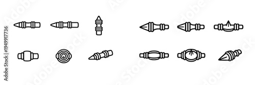 A collection of black and white line art icons featuring various