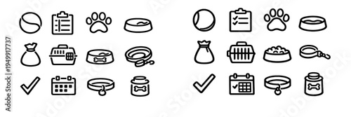 Set of minimalist pet care line icons including a food bowl, paw