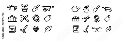 This set of minimalist black and white line icons features various