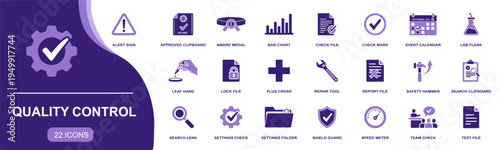 Quality Control icon set. Containing alert sign, approved clipboard, check file, search lens, settings check, speed meter, team check, shield guard and more. Solid vector icons collection.