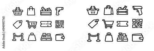 A set of minimalist black line icons for retail and shopping