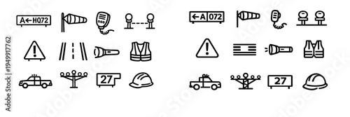 A collection of black and white line icons representing airport