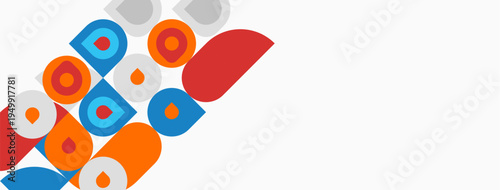 Abstract geometric shapes, circles, squares, vibrant colors. Composition leans toward upper left corner, white background dominates.