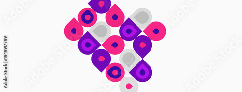 Abstract pattern features repeating circles, squares. Purple, gray hues dominate white background. Geometric design creates visual texture.