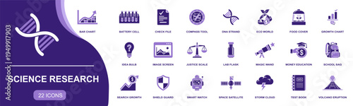 Science Research icon set. Containing battery cell, DNA strand, lab flask, smart watch, space satellite, test book, volcano eruption, compass tool and more. Solid vector icons collection.