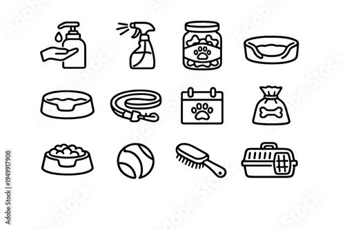 A collection of twelve minimalist pet care line icons featuring