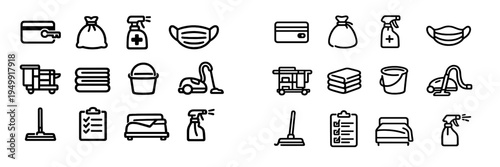 This collection features minimalist line icons for hotel housekeeping