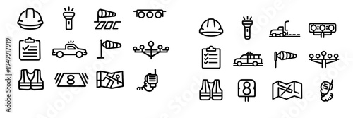 A comprehensive set of black and white line icons representing