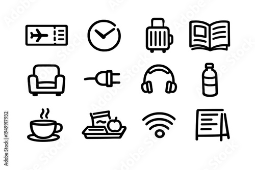 A collection of twelve hand-drawn travel and airport lounge icons in