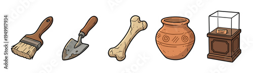 Archaeological tools and historical artifacts collection illustrated in a simple cartoon style, featuring a brush, trowel, bone, clay pot, and a museum exhibit case
