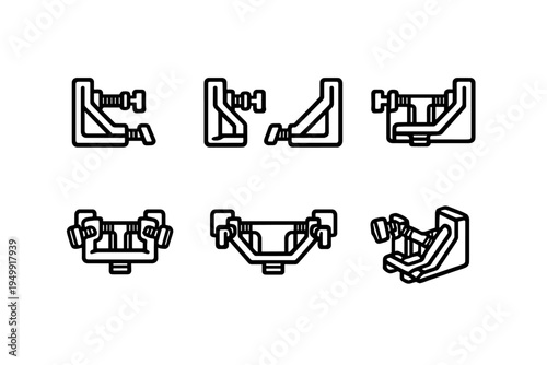 A collection of six black and white line icons depicting different