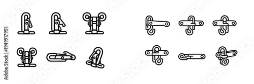 A collection of twelve minimalist line icons depicting industrial