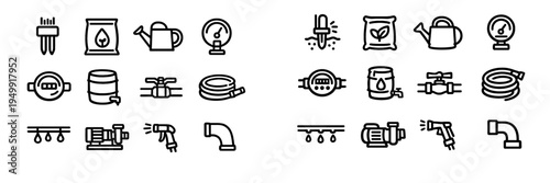 A comprehensive set of black and white line icons representing