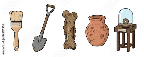 Set of cartoon archaeological tools and artifacts including a brush, shovel, fossilized bone, ancient clay pot, and a museum coin exhibit in a hand-drawn illustrative style