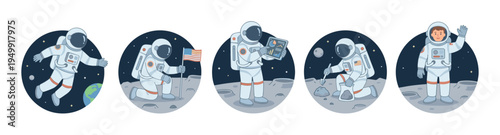 Set of five cartoon astronaut character illustrations showing various activities during a space mission, including floating in orbit, planting a flag, and exploring the moon