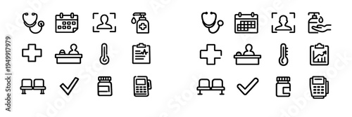 A comprehensive set of black line icons for medical and healthcare