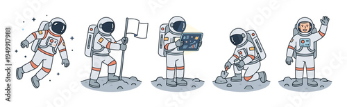 Set of cartoon astronaut character illustrations showing various space exploration activities like planting a flag, analyzing data, and collecting samples in a flat vector style
