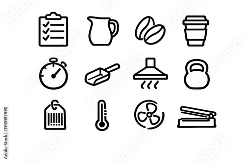 A set of twelve black line icons representing coffee roasting and