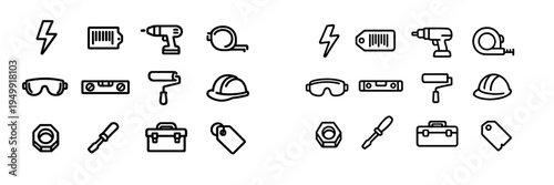 A set of minimalist black line icons for construction, DIY, and