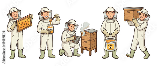 Set of cartoon beekeeper character illustrations showing various apiculture activities like holding a honeycomb frame, collecting honey, and working with a beehive and smoker