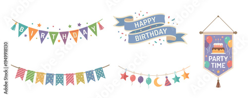 Set of festive birthday party celebration elements including colorful bunting, banners with text, hanging flags, and a pennant with a cake illustration for a joyful event