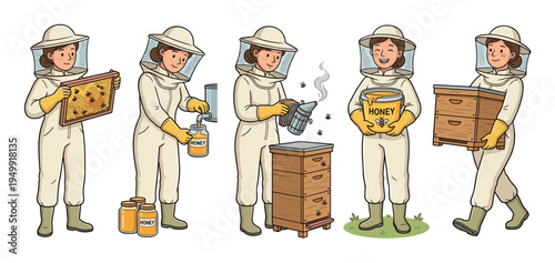 Beekeeper woman character illustration set showing various stages of apiculture, including holding a honeycomb, using a smoker, pouring honey into a jar, and carrying a beehive
