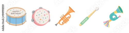 Cute collection of illustrated musical instruments for a birthday party, featuring a drum, tambourine, trumpet, drumstick, and horn in a charming pastel color palette