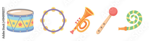 Colorful set of children's toy instruments including a drum, tambourine, trumpet, maraca, and party blower in a playful cartoon illustration style for kids' entertainment