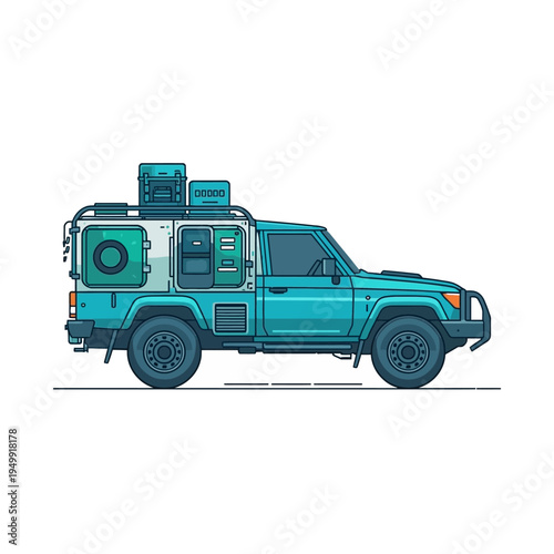 Teal color car with luggage on top.