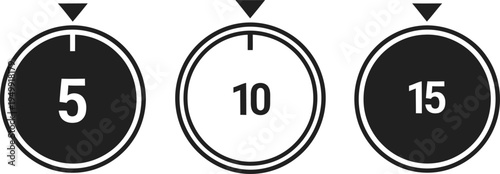 Three black and white circular timer icons with numbers 5 10 and 15