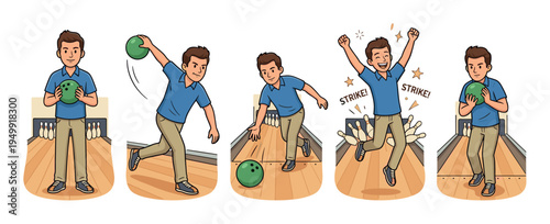 Cartoon illustration set of a young man bowling, showing the sequence of throwing the ball, hitting the pins, and celebrating a perfect strike with joy and excitement